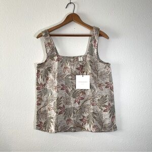 Cynthia Rowley Linen Sleeveless Pullover Summer Top Earth Tones Leaf Pattern